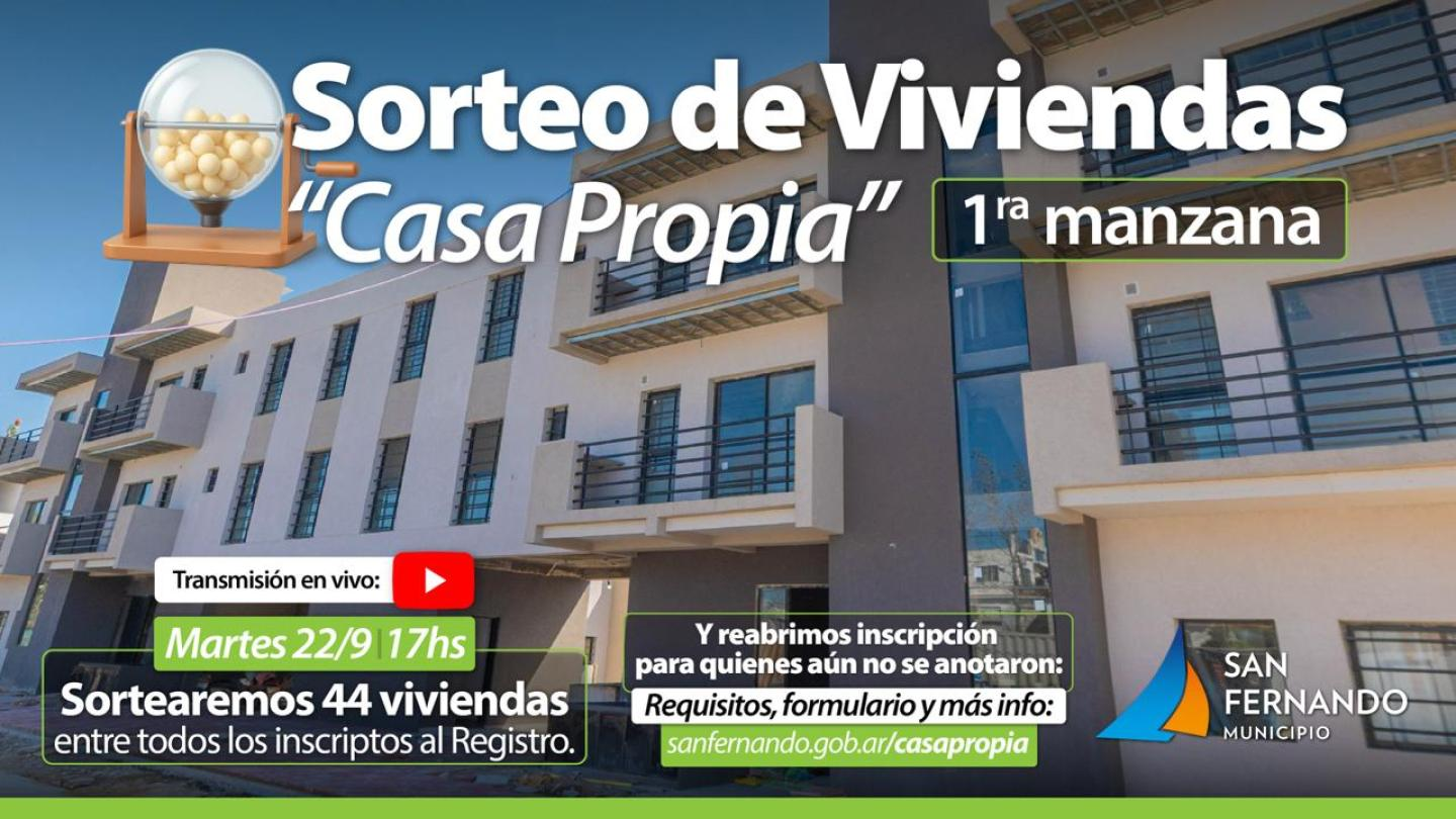 San Fernando sorteará 44 viviendas el 22 de septiembre y reabrió la inscripción